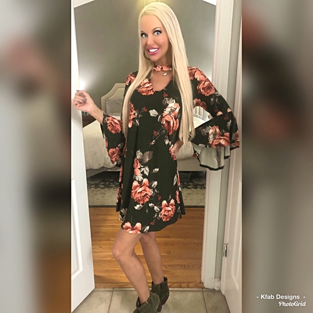 LAST 1!  Stunning Soft Fabric Floral Bell Sleeve Olive Dress with Cut Out - Picture 2 of 3